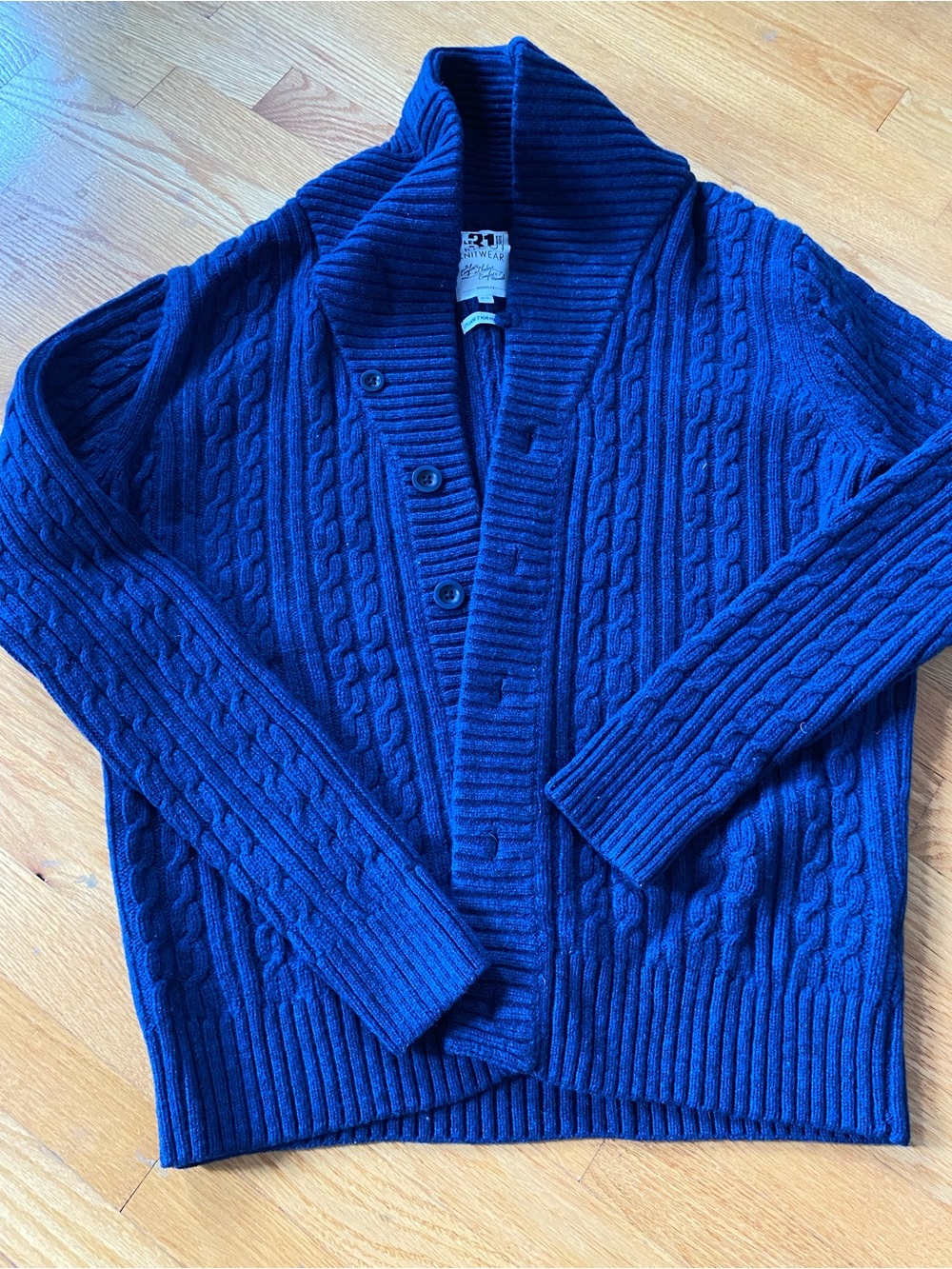 100% pure new wool Cable-Knit Shawl Collar Sweater - Blue